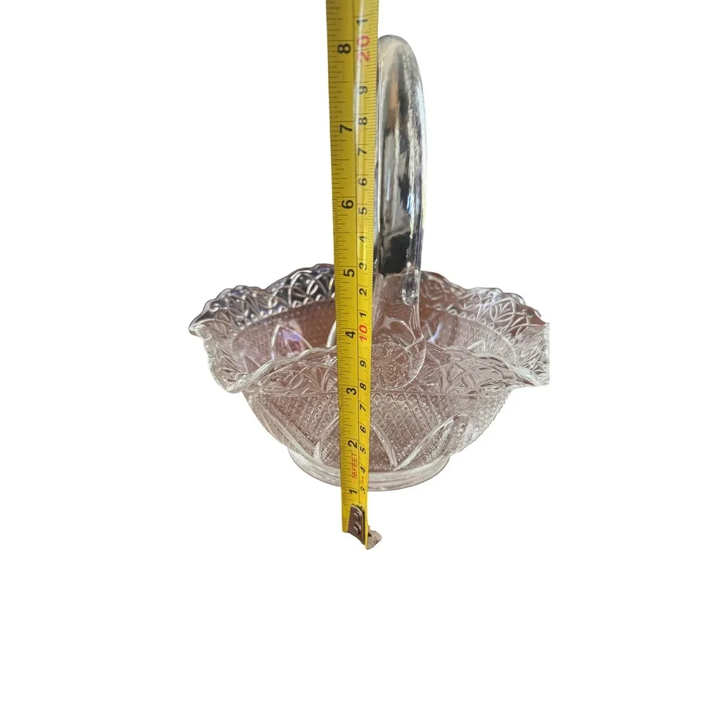 Vintage Clear Pressed Glass Basket Starburst Base Scalloped Rim 8 Inch Handle
